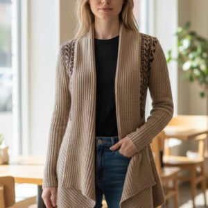 Handmade alpaca cardigan from Peru worn by woman model