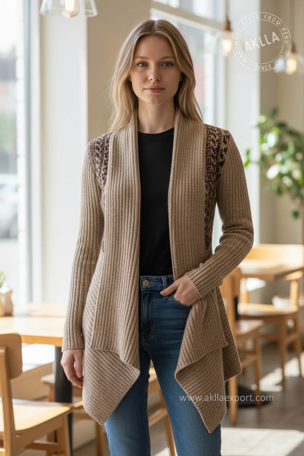 Handmade Alpaca Cardigan for Women – Peruvian Knitwear Handmade alpaca cardigan from Peru worn by woman model