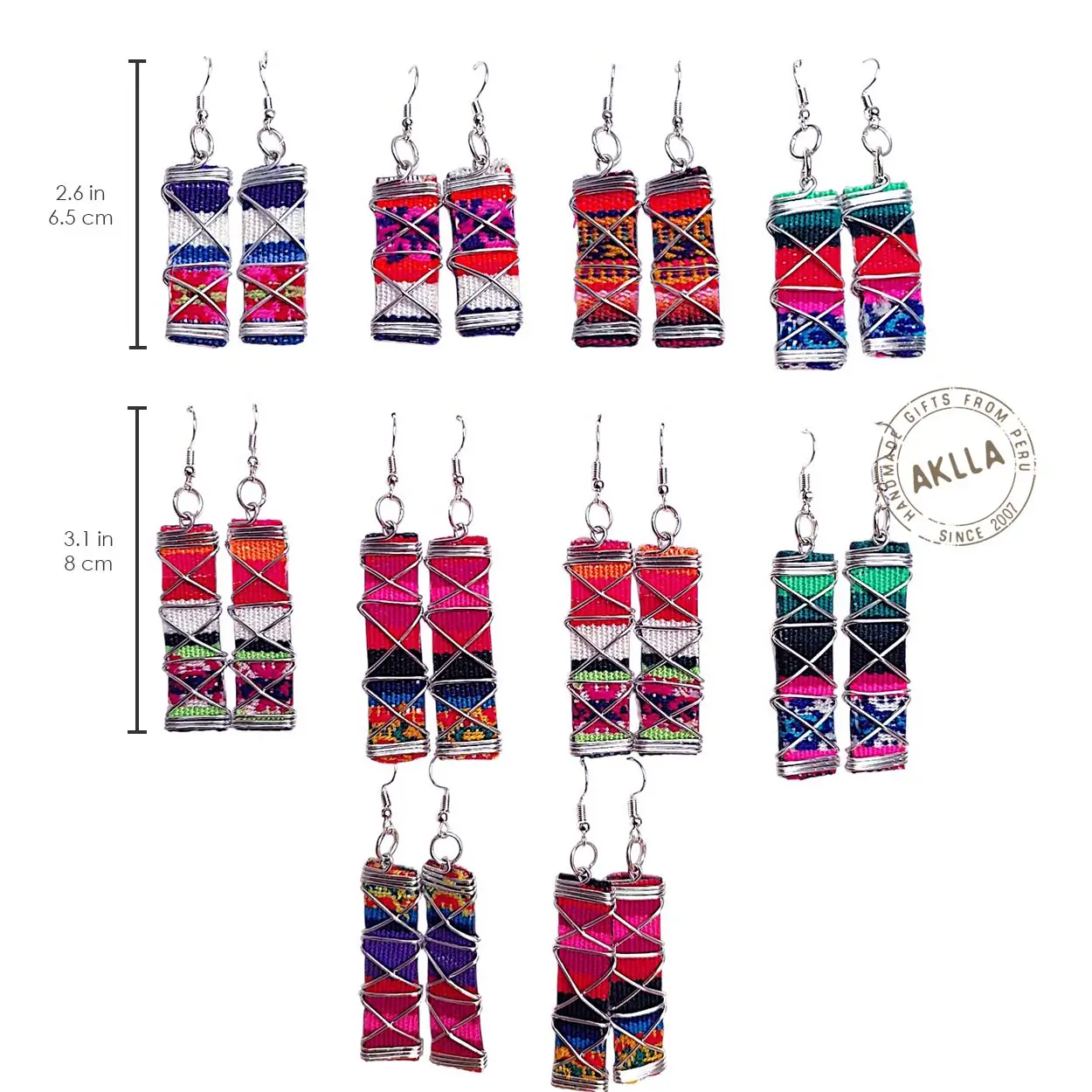 Handmade Earrings Peru – Pack of 10 Boho Fabric Designs 10 handmade earrings crafted in Peru with colorful fabric and aluminum wire