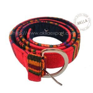 Peruvian woven belt handmade on loom with sheep wool and colorful Andean pattern