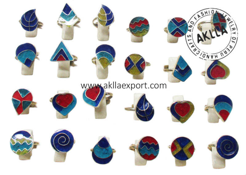 Handmade adjustable rings blue stones with natural Peruvian stones in a geometric design.