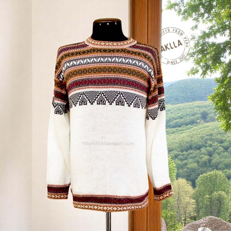 White unisex alpaca sweater handmade in Peru with traditional Andean patterns