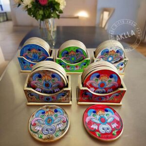 Glass Coasters with Holder. Set of 6. Hand Painted Glass Coaster with Holder