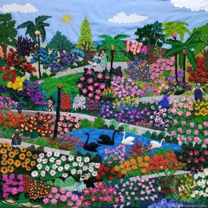 Handmade Peruvian fabric wall hangings 39.37×35.43″ – colorful quilted textile art with Andean harvest scenes.