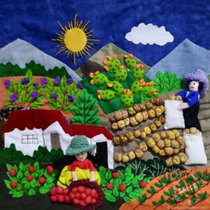 Authentic Peruvian quilted wall hangingSs9.8×9.8 in handmade arpillera showing Andean farmers harvesting potatoes, tomatoes and vegetables