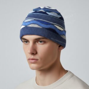 Blue patterned alpaca hat worn by model, snug fit winter knit hat from Peru