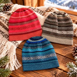 Alpaca hat wholesale assortment showcasing traditional peruvian geometric patterns and winter colors.