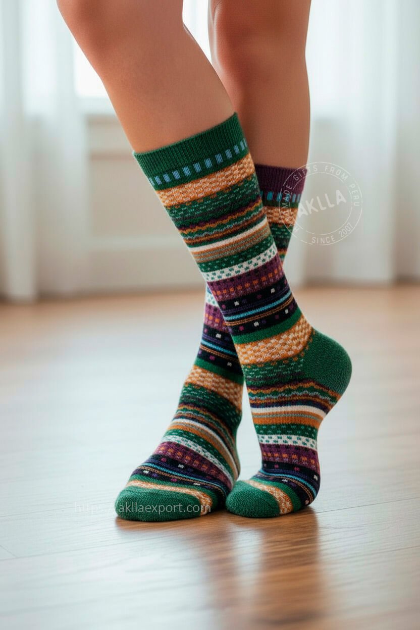 Baby Alpaca Socks – Colorful Andean Patterned Socks Handmade in Peru Colorful baby alpaca socks with traditional Andean patterns worn indoors on wooden floor