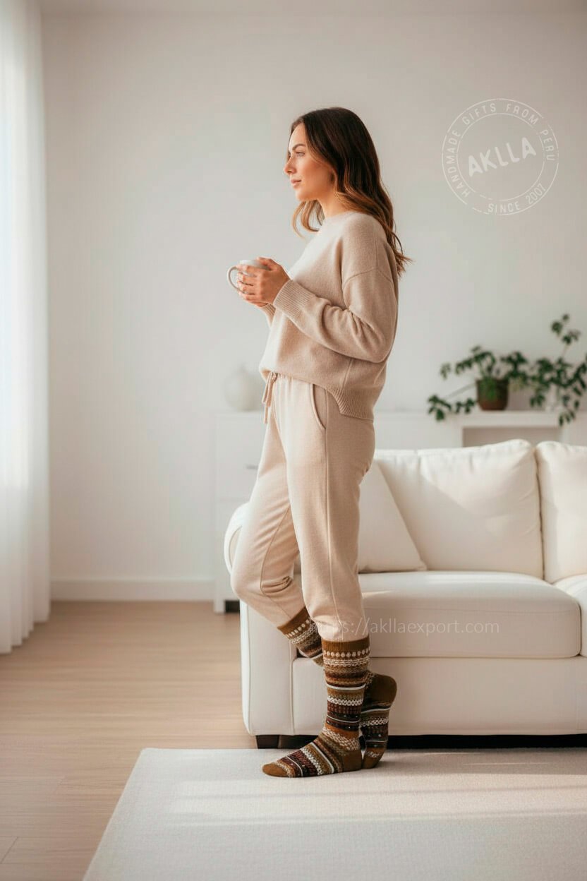Baby Alpaca Socks – Cozy Andean Style Socks for Indoor Comfort Woman wearing baby alpaca socks with traditional Andean patterns while relaxing at home