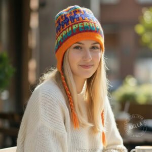 Peruvian handmade chullo hat worn by a woman, colorful Andean knit hat with earflaps alpaca