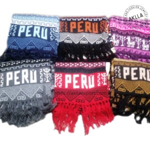 Multicolor Peruvian Alpaca Scarves with Fringes and Geometric Designs.