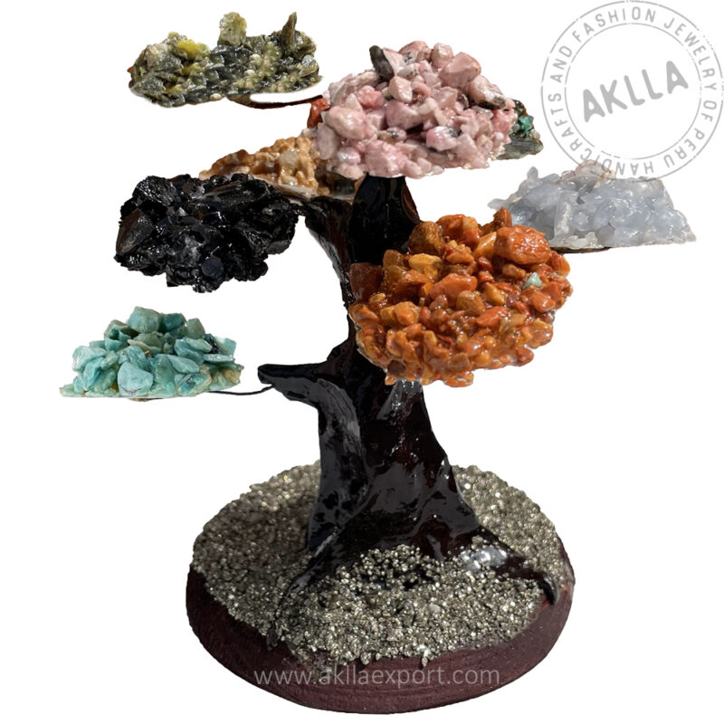 Magnificient Ethereal Quartz Tree - Crystal quartz Tree 8 Branches with Unique Minerals, Wood Base, and Shimmering Pyrite Floor