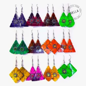 Assorted cow horn earrings handmade in Peru, wholesale lot showing color variety