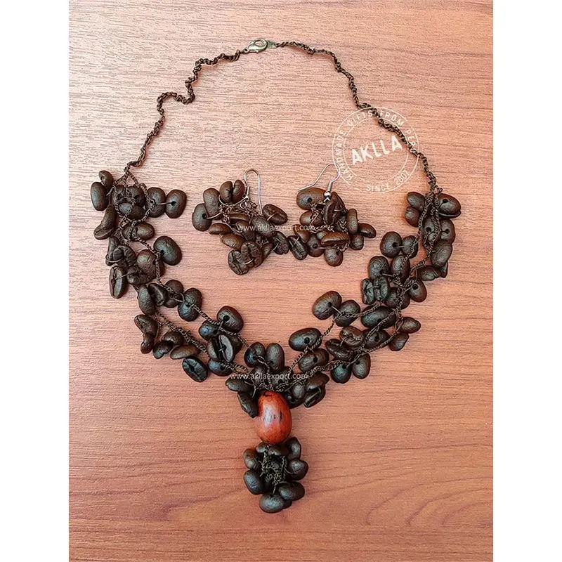 Coffee Bean Necklace and Earrings Set – Handmade in Peru Beautiful handmade coffee bean necklace and earrings set handwoven in Peru using natural seeds.