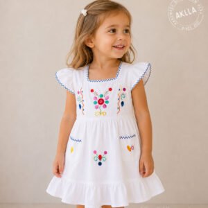 Girl wearing white hand embroidered cotton dress with colorful floral motifs flutter sleeves and front pockets