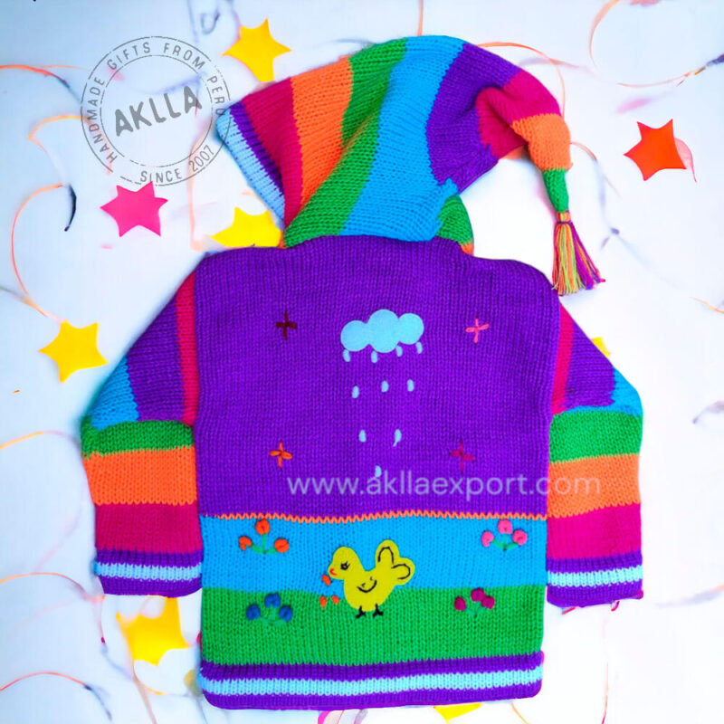 Unique hand-embroidered designs, landscapes, figures, etc. that show expressions of the artisans of the mountains of Peru. Amazing colors. Genuine sweaters that are admired by children and adults. *Lightweight and pretty sweater. Comes in different sizes. Very nice hood and sleeves.
