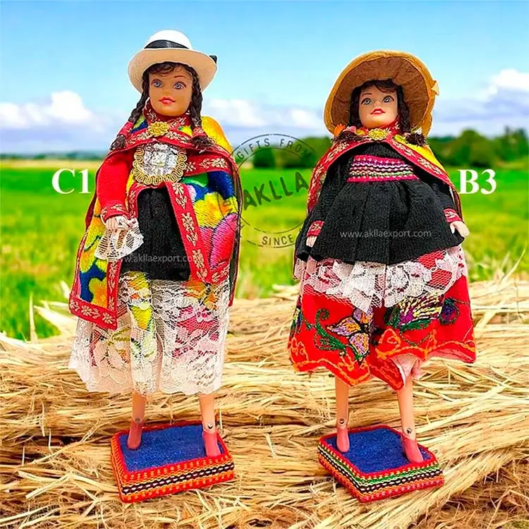 Handmade Peruvian Dolls – Vibrant Huaylas Costume, Junin Peruvian costume dolls celebrating the vibrant Huaylas dance from Junin