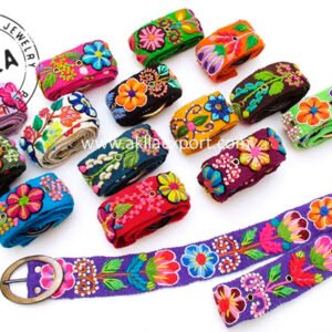 Peruvian embroidered belts with colorful floral designs handmade in sheep wool