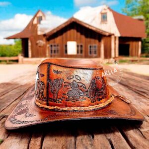 Durable embossed leather cowboy hats featuring Peruvian iconography, Andean fauna, a llama-shaped leather detail, a braided leather cord, and an adjustable chin strap