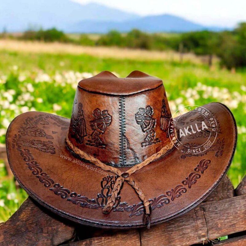 Handcrafted embossed leather cowboy hats featuring Peruvian iconography, a llama-shaped leather detail, a braided leather cord, and an adjustable chin strap.