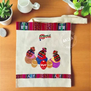 Handmade cotton canvas bags from Peru with colorful manta fabric – artisan eco-friendly Peruvian bag (16.5 x 14.2 in / 42 x 36 cm)