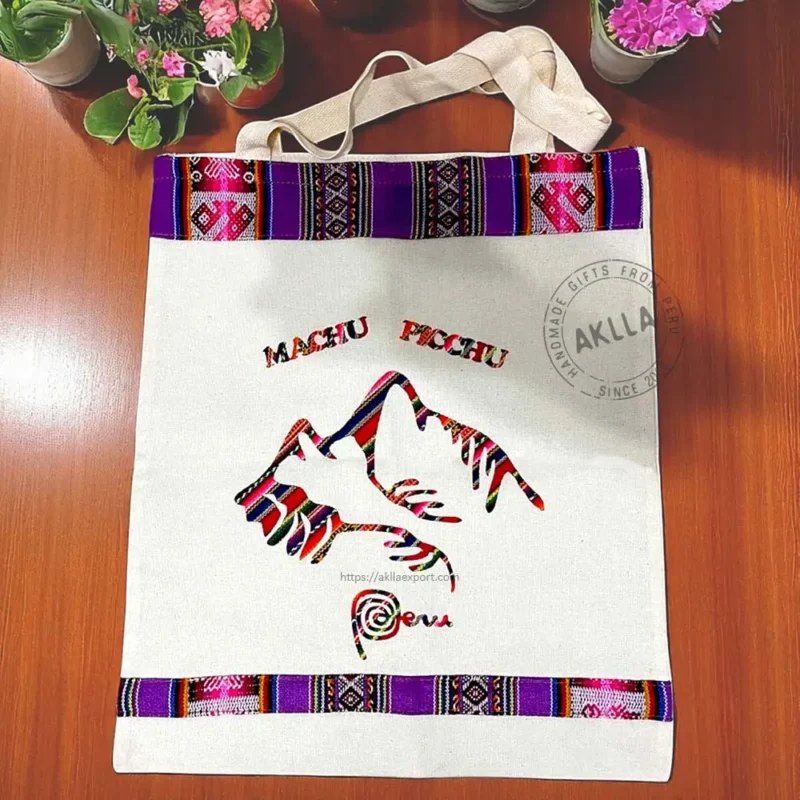 Authentic handmade cotton canvas bags from Peru with manta fabric accents – Peruvian artisan fabric bag, eco-friendly and durable
