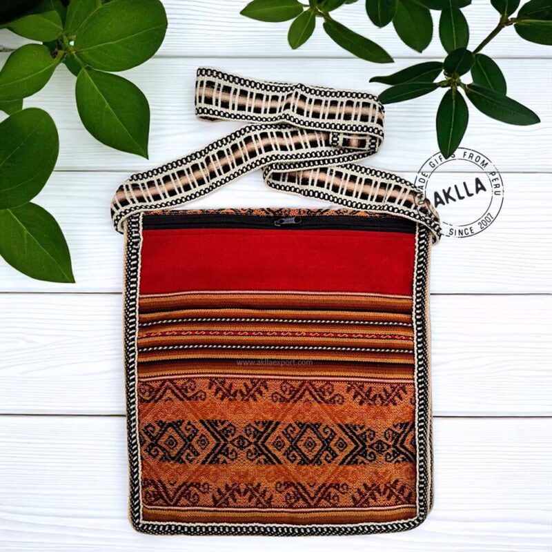 Back view of ethnic crossbody peruvian bags with zipper and woven strap