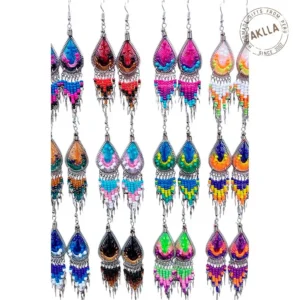 Handmade beaded earrings fringe from Peru with colorful fringe and thread weaving, available for wholesale buyers