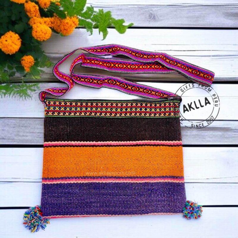 Handmade wool bags from Peru with colorful Andean textiles