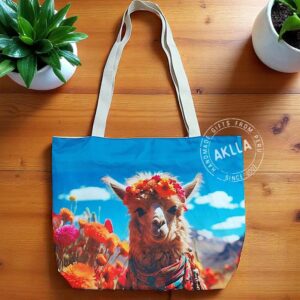 Handmade llama tote bags from Peru with Andean design and colorful details