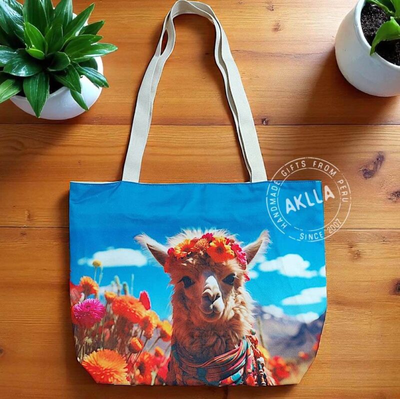 Handmade llama tote bags from Peru with Andean design and colorful details