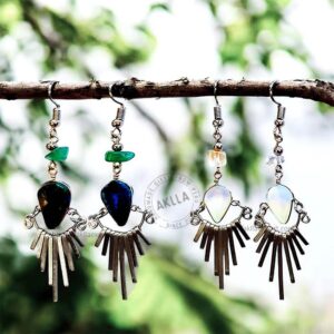 Handmade natural stone earrings with alpaca silver fringe – 2.17 in