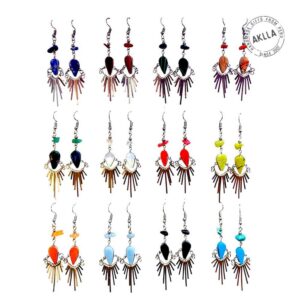 Twelve pairs of handmade Peruvian earrings with assorted natural stones