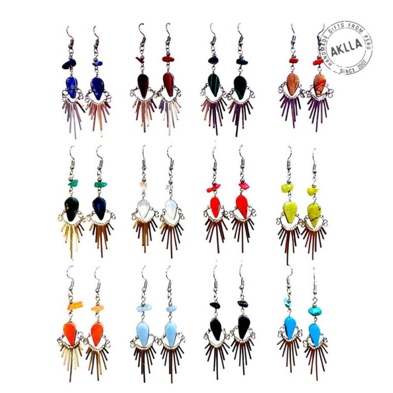 Twelve pairs of handmade Peruvian earrings with assorted natural stones