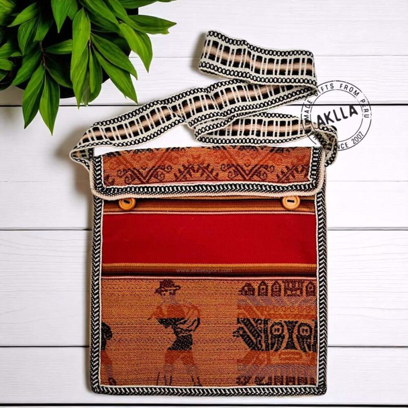Handmade Peruvian bags with ethnic Andean design and front wood buttons
