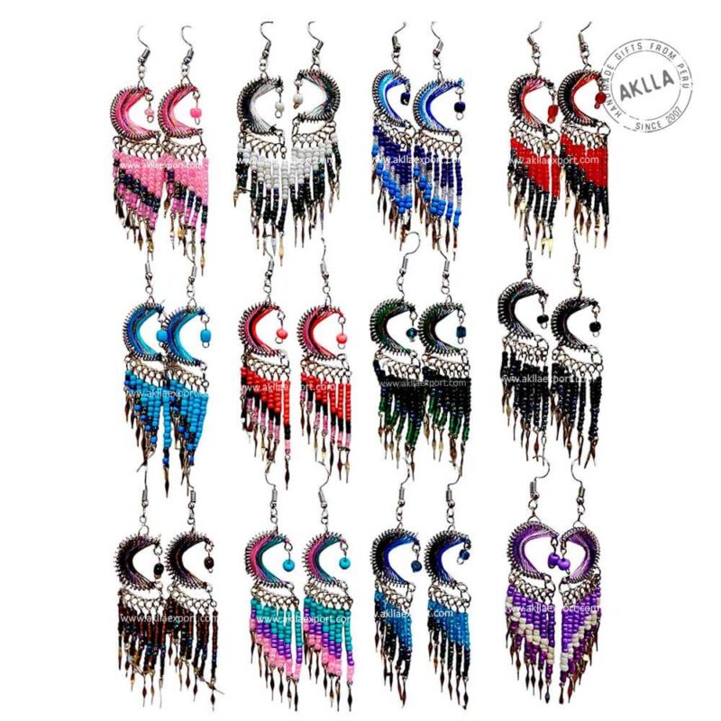 Crescent Beaded Earrings Fringe handmade in Peru with colorful beads
