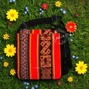 Back view of handmade Peruvian crossbody bag in Andean fabric