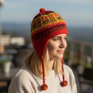 Red Andean chullo hat with ear flaps worn by woman, handmade Peruvian wool knit hat