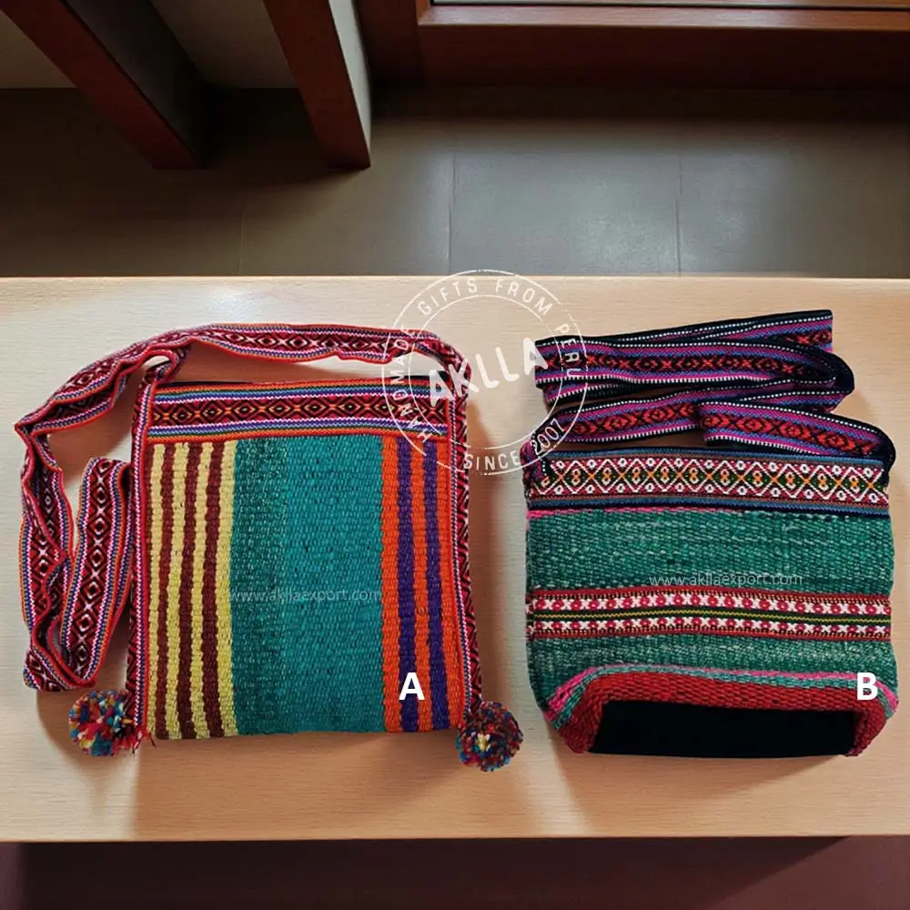 Wool Peru bags handmade by artisans, shown from the back to highlight their fine weaving and texture. Handmade Wool Peru Bags – Artisan Work from Peru
