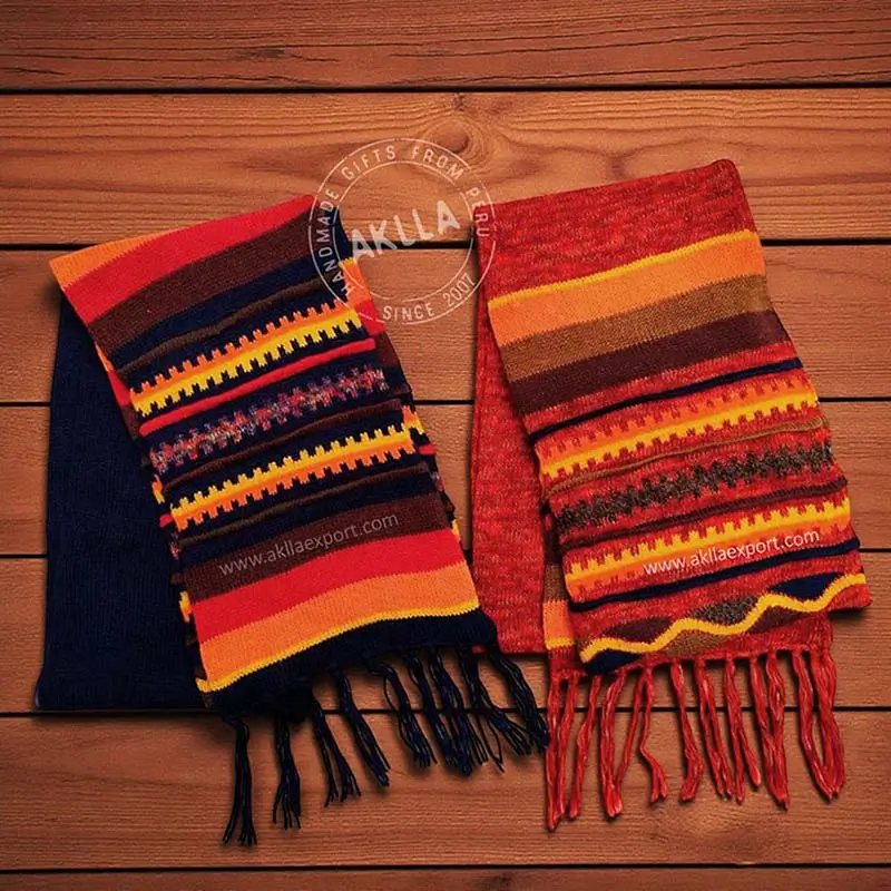 Clearance Pack of 2 Woven Alpaca Scarves 21.65 x 70.08 in – Peru Pack of 2 woven alpaca scarves from Peru, 21.65 x 70.08 in, multicolor geometric designs, fringed