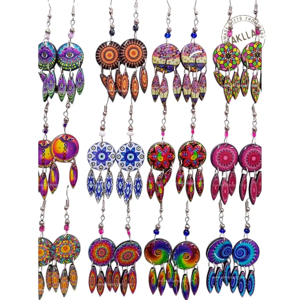 Mandala Earrings Handmade in Peru – Spiritual Boho Jewelry Mandala earrings handmade in Peru with colorful designs for spiritual and boho style.
