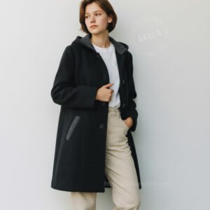 Women’s baby alpaca coat in dark color, elegant design with hood, warm handmade alpaca outerwear from Peru