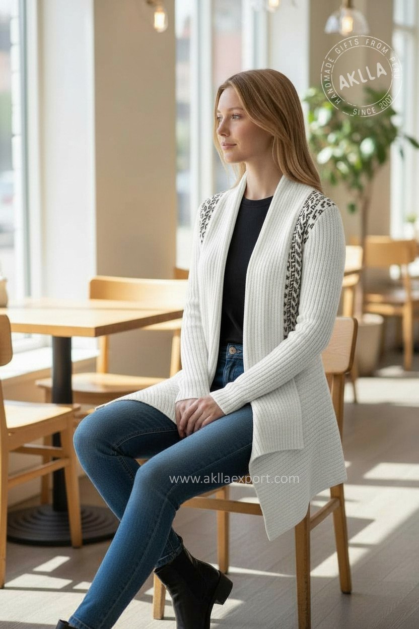 Handmade Alpaca Cardigan – Side View on Model Handmade alpaca cardigan from Peru shown from side on model