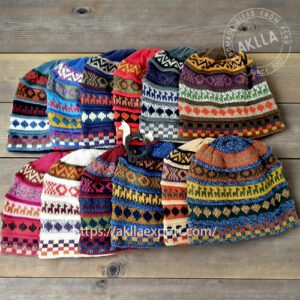 Alpaca hat handmade in Peru with multicolor designs, llamas, and geometric patterns