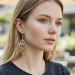 Young woman wearing handmade beaded dangle earrings, 2.75 in (7 cm), perfect for retail or wholesale