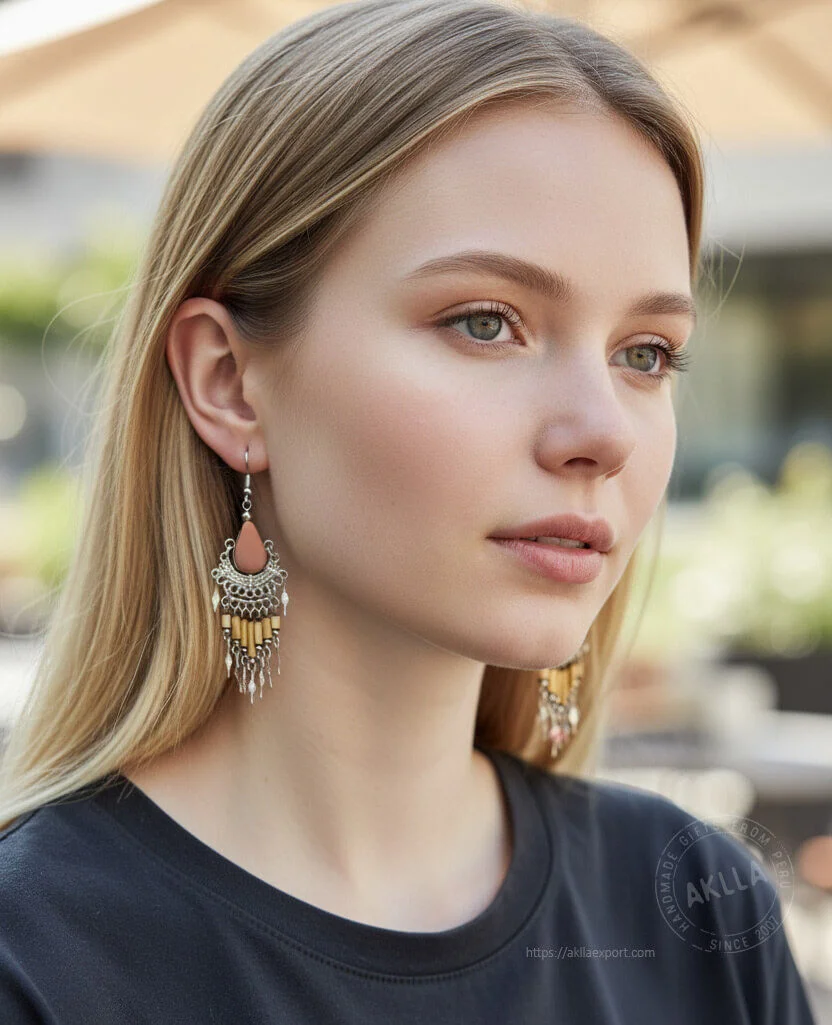 Beaded Dangle Earrings – Handmade on Model Young woman wearing handmade beaded dangle earrings, 2.75 in (7 cm), perfect for retail or wholesale