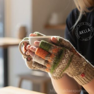 Alpaca gloves fingerless open style with colorful Andean pattern held around a white mug