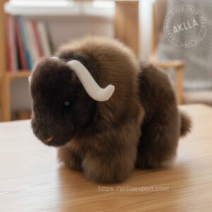 andmade alpaca stuffed toy buffalo plushie displayed on wooden table showing full body detail