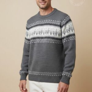 Man wearing grey alpaca sweater with llama Fair Isle pattern crewneck in sizes M L XL