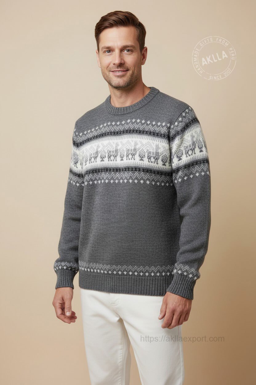 Men's Alpaca Sweater – Grey Llama Fair Isle Pattern Worn by Model Man wearing grey alpaca sweater with llama Fair Isle pattern crewneck in sizes M L XL